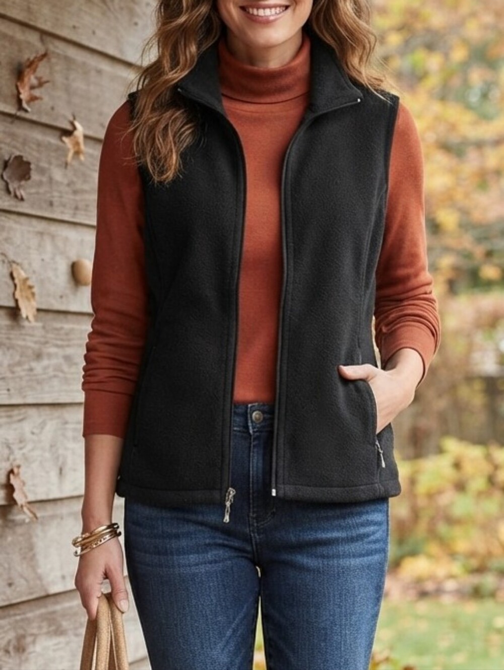 Karen Scott Black Fleece Zip-Up Vest Petite Medium